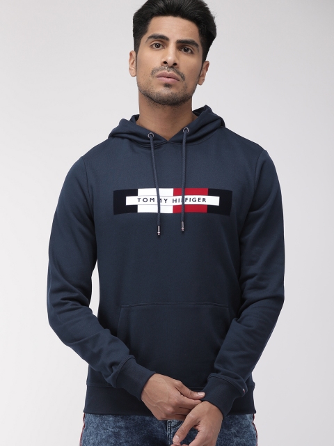 

Tommy Hilfiger Men Navy Blue Solid Hooded Sweatshirt With Embroidered Details