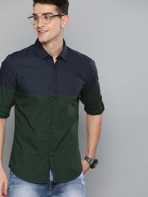 

HERE&NOW Men Navy Blue & Olive Green Slim Fit Colourblocked Casual Shirt