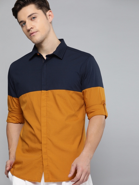 

HERE&NOW Men Navy Blue & Mustard Yellow Slim Fit Colourblocked Casual Shirt