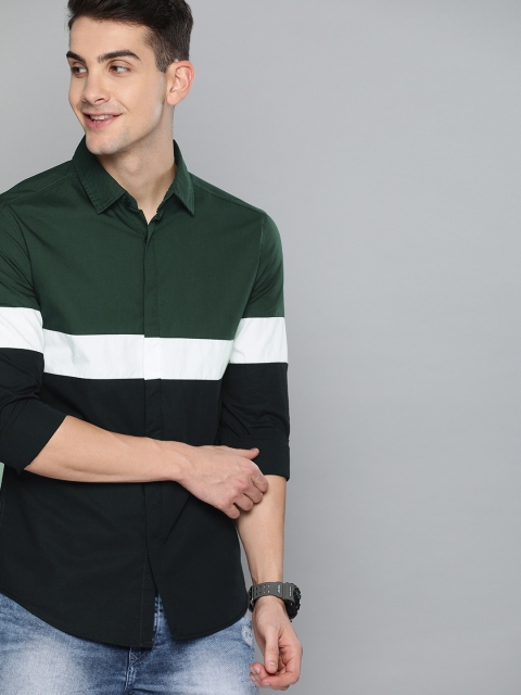 

HERE&NOW Men Olive Green & Black Slim Fit Colourblocked Casual Shirt