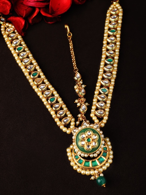 

Rubans Women Gold-Plated White & Green Kundan & Pearl Embellished Matha Patti