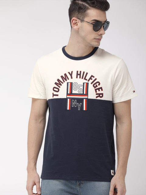 

Tommy Hilfiger Men Navy Blue Off-White Colourblocked Round Neck Pure Cotton T-shirt