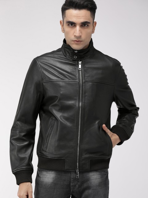 

Tommy Hilfiger Men Black Solid Leather Jacket