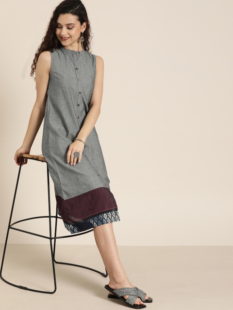 

Taavi Women Grey Solid Woven Legacy A-Line Sustainable Dress with Mandarin Collar