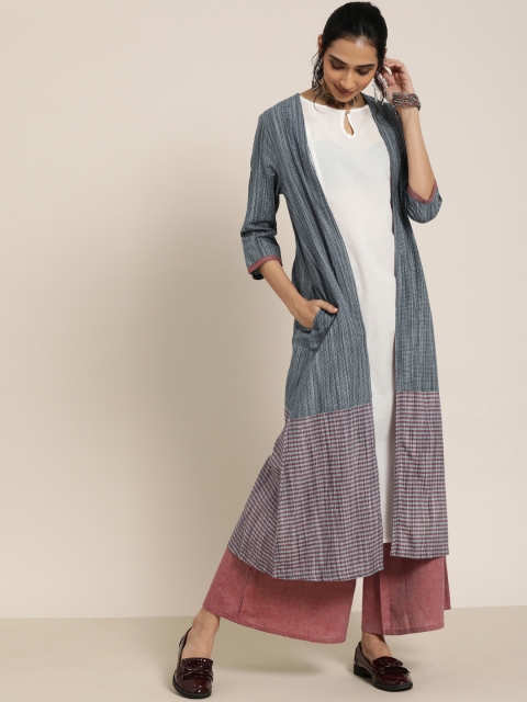 

Taavi Women Navy Blue & Maroon Woven Legacy Layered Kurta with Palazzos & Longline Jacket
