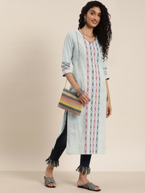 

Taavi Women Blue & White Woven Design Woven Legacy Straight V-Neck Kurta