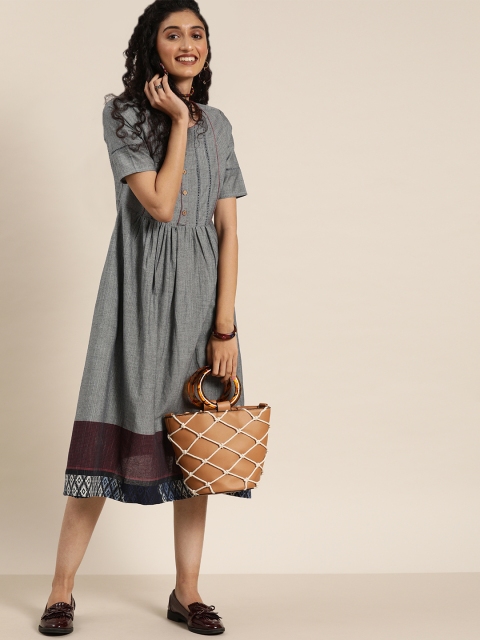 

Taavi Women Grey Solid Woven Legacy A-Line Sustainable Dress with Lace Inserts