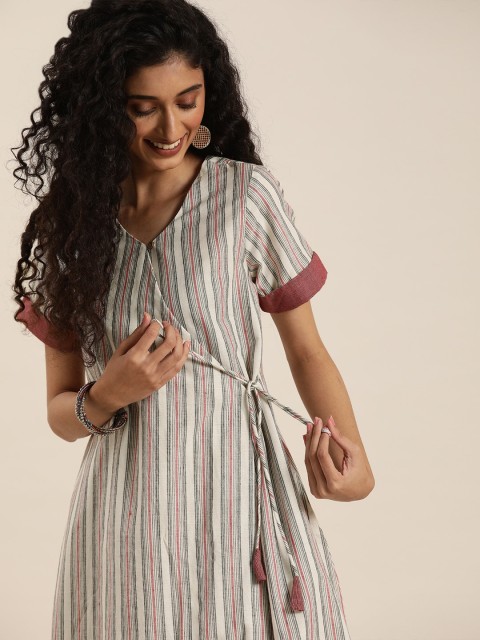 

Taavi Women Off-White & Grey Striped Woven Legacy A-Line Wrap Sustainable Dress with Tie-Ups