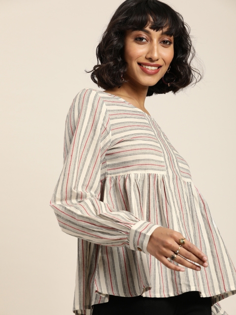 

Taavi Women Off-White & Grey Striped Woven Legacy Boxy Sustainable Top With Cuffed Sleeves