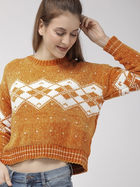 

FOREVER 21 Women Mustard Yellow & White Self Design Pullover Sweater