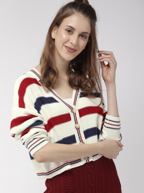 

FOREVER 21 Women Off-White & Navy Blue Striped Cardigan Sweater