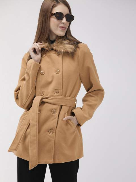 

FOREVER 21 Women Brown Solid Longline Overcoat, Beige