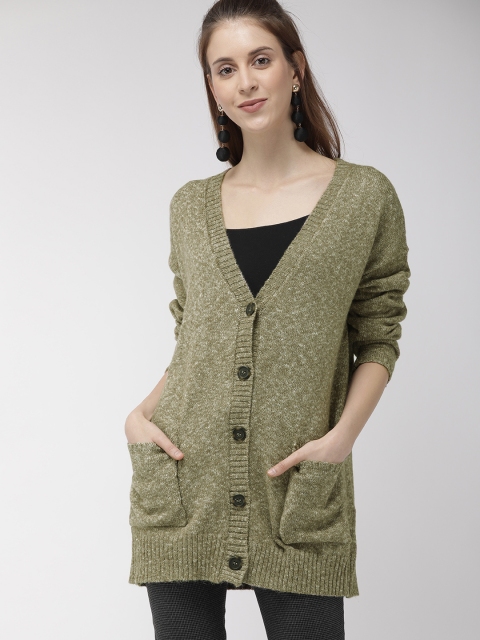 

FOREVER 21 Women Olive Green Solid Longline Cardigan Sweater