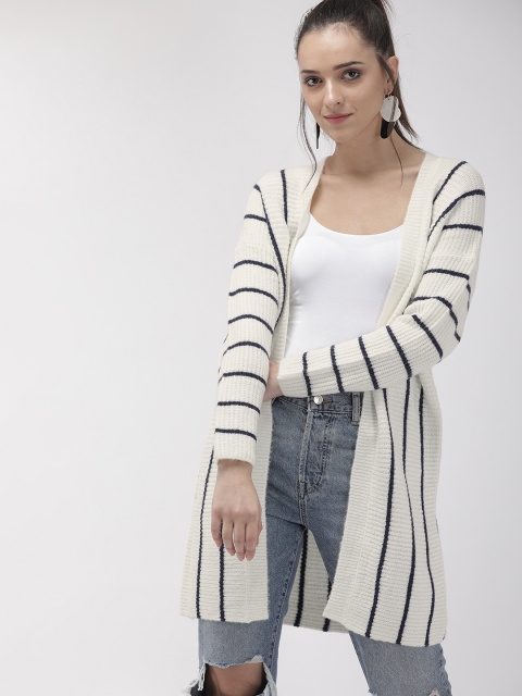 

FOREVER 21 Women Off-White & Navy Striped Front-Open Longline Sweater