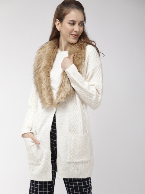 

FOREVER 21 Women White Solid Cardigan Sweater With Detachable Faux Fur Collar