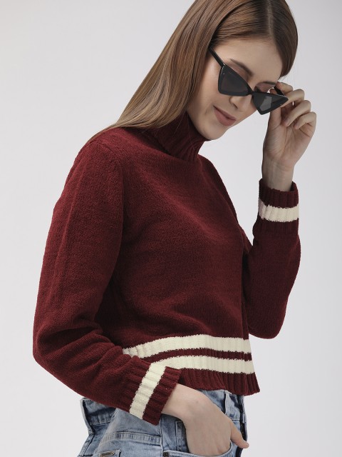 

FOREVER 21 Women Burgundy Solid Crop Pullover Sweater