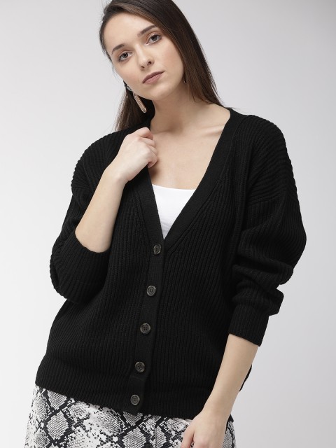 

FOREVER 21 Women Black Self-Striped Cardigan Sweater