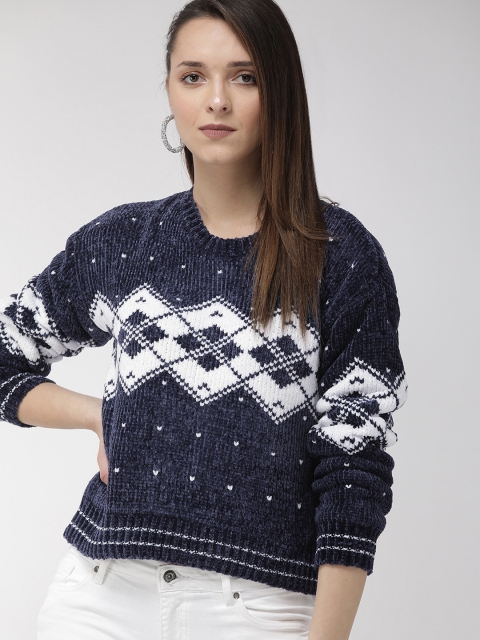 

FOREVER 21 Women Navy Blue & White Self Design Pullover Sweater