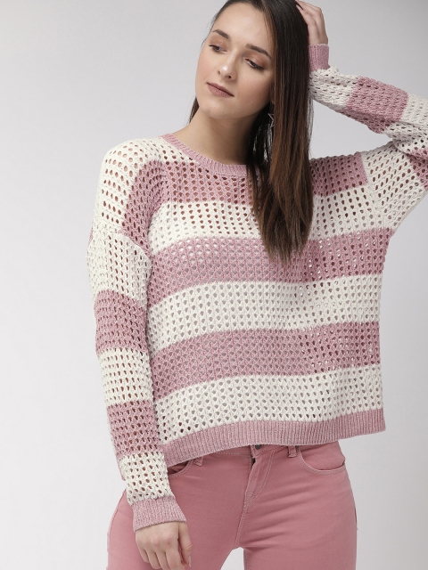 

FOREVER 21 Women Mauve & Off-White Self Design Pullover Sweater