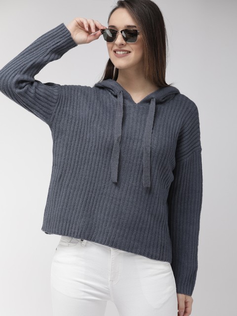 

FOREVER 21 Women Blue Self-Striped Pullover Sweater