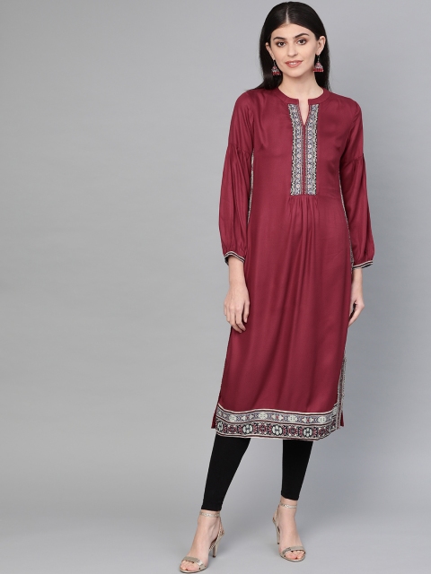 

Biba Women Maroon Solid Straight Kurta