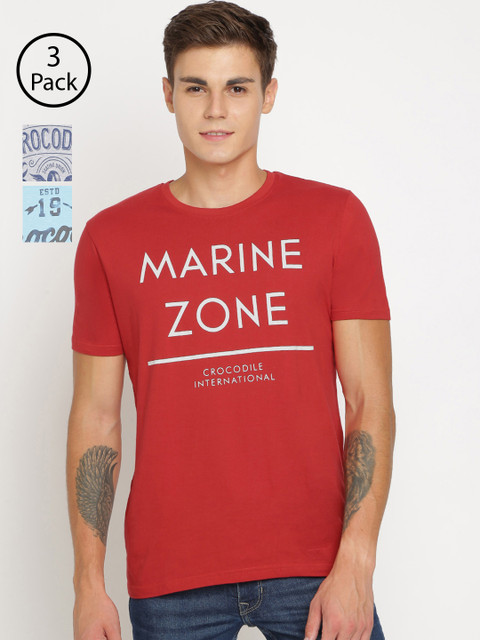 

Crocodile Men Pack Of 3 Printed Round Neck T-shirts, Red