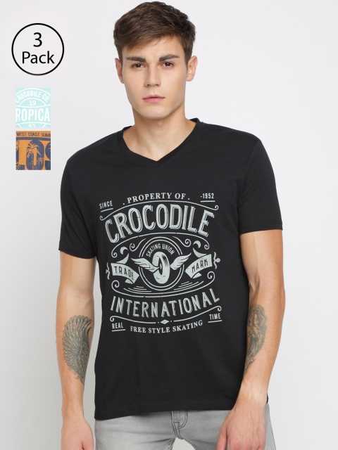 

Crocodile Men Pack Of 3 Printed V-Neck T-shirts, Black