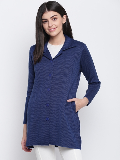 

American Eye Women Navy Blue Self Design Longline Cardigan
