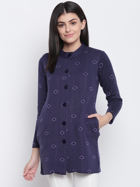 

American Eye Women Navy Blue & Pink Self Design Longline Cardigan
