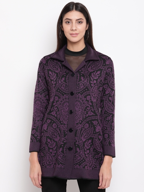 

American Eye Women Purple & Black Self Design Cardigan