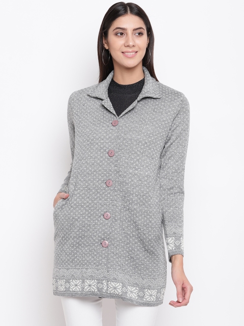 

American Eye Women Grey Melange & White Self Design Cardigan