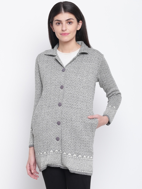 

American Eye Women Grey Self Design Longline Cardigan