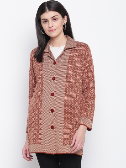 

American Eye Women Brown & Beige Self Design Longline Cardigan