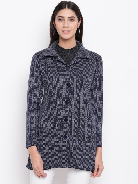 

American Eye Women Navy Blue Self Design Longline Cardigan