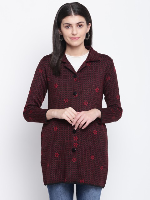 

American Eye Women Black & Red Self Design Longline Cardigan