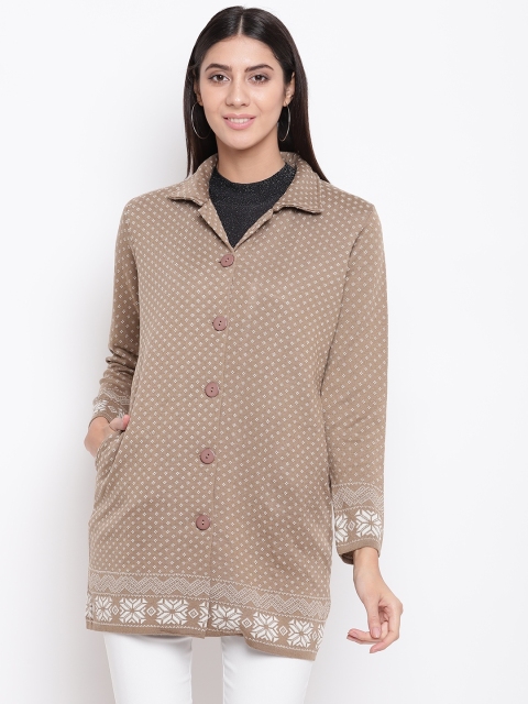 

American Eye Women Beige Self Design Longline Cardigan