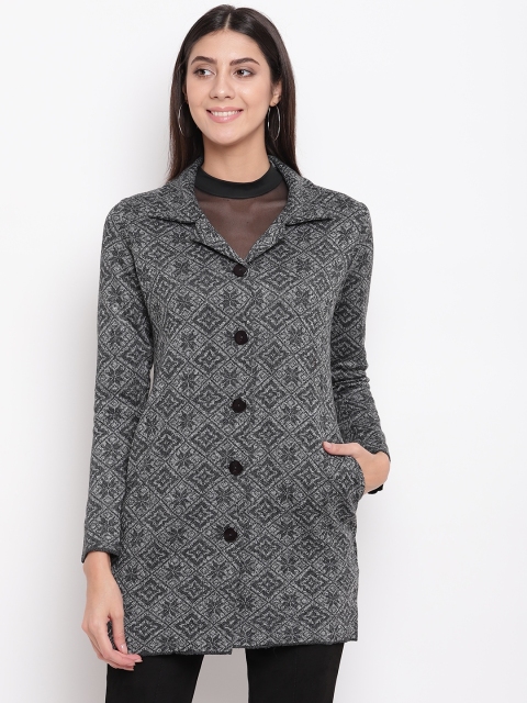 

American Eye Women Grey Self Design Longline Cardigan Sweater