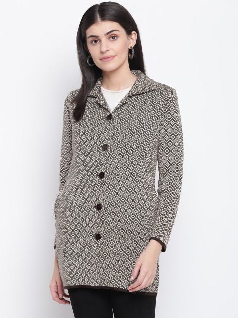 

American Eye Women Brown & Cream-Coloured Self Design Longline Cardigan Sweater