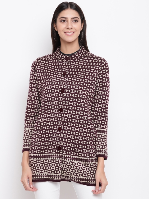 

American Eye Women Purple & Cream-Coloured Self Design Longline Cardigan Sweater