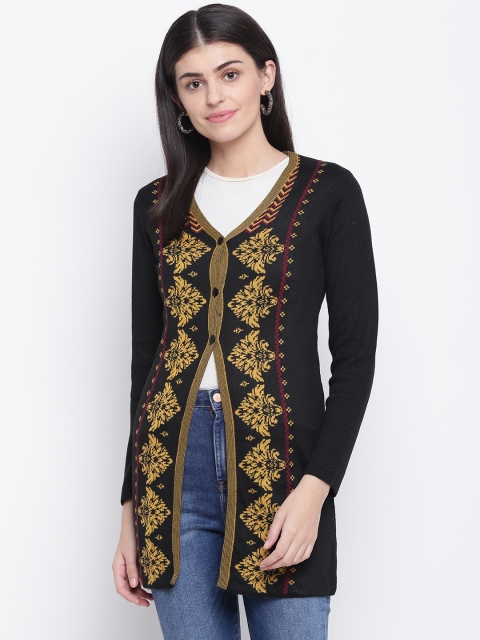

American Eye Women Black & Yellow Self Design Longline Cardigan Sweater