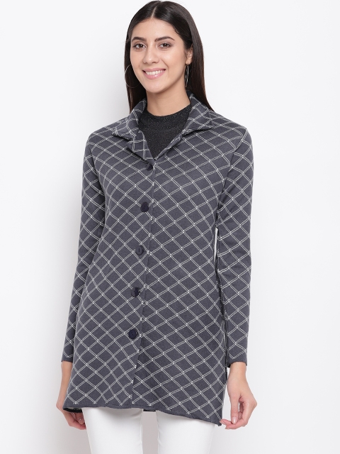 

American Eye Women Charcoal Grey & White Self Design Cardigan