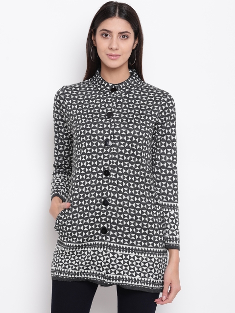 

American Eye Women Charcoal Grey & White Self Design Longline Cardigan, Black