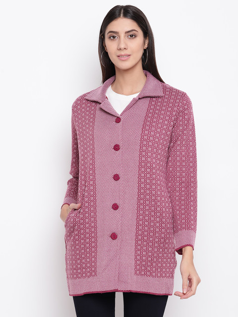 

American Eye Women Pink Self Design Longline Cardigan