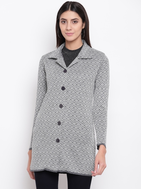

American Eye Women Grey & Off-White Self Design Longline Cardigan