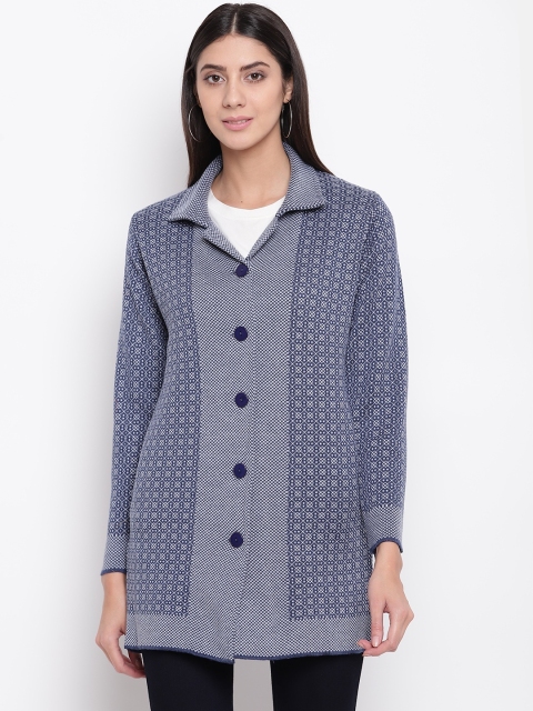 

American Eye Women Blue & Grey Self-Design Longline Cardigan
