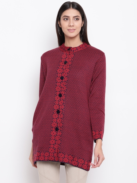 

American Eye Women Purple & Red Self-Design Longline Cardigan