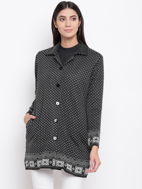 

American Eye Women Charcoal Grey & Off-White Self-Design Longline Cardigan