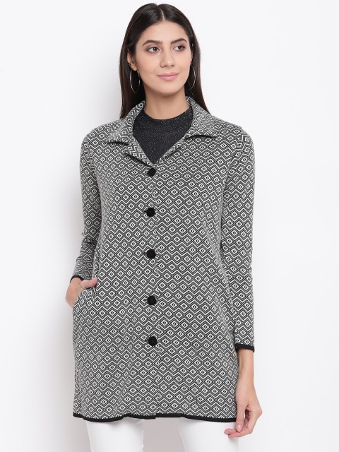

American Eye Women White & Black Self-Design Longline Cardigan