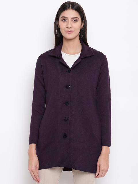 

American Eye Women Navy Blue & Maroon Self-Design Longline Cardigan