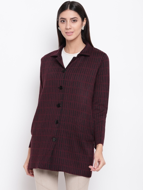 

American Eye Women Burgundy & Black Striped Longline Cardigan